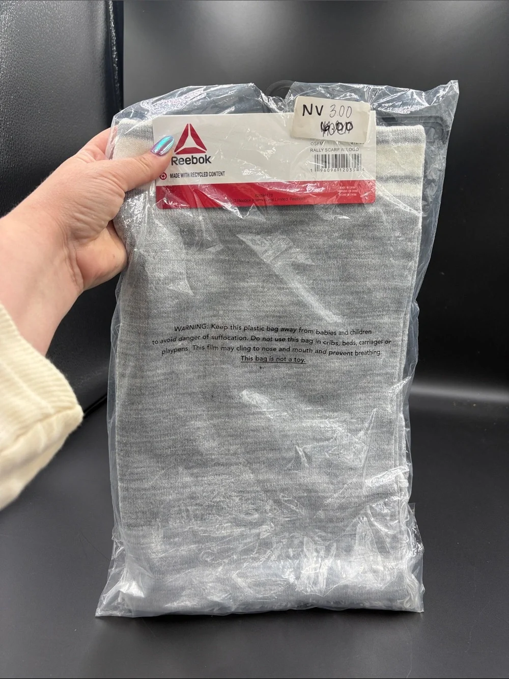 Brand New Reebok Gray & White Logo Knit Scarf with Fringe